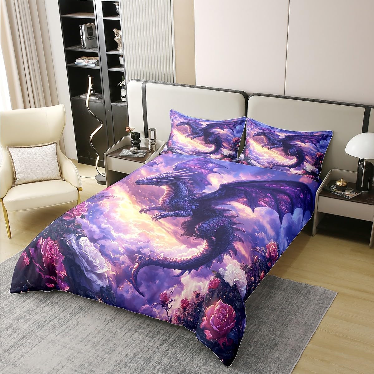100% Cotton Western Dragon Duvet Cover,Gothic Flying Dragon Floral Comforter Cover(No Filler),Mystic Animal Sky Clouds Romantic Flowers Decorative Quilt Cover,3Pcs Full Size