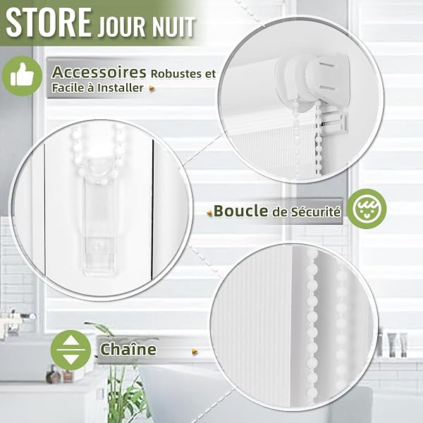 HOMEDEMO Store Enrouleur Jour Nuit sans Perçage, Double Tissu avec Clips, Rideau Occultant pour Fenêtre & Porte, 40l x 150L cm, Largeur du Tissu 40cm, Blanc - 2