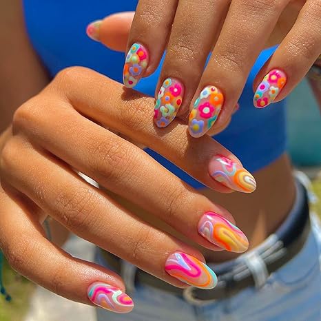 🌸 Summer Nail Dreams: Almond Press-On Nails with Rainbow Swirls & Flowers 🌸