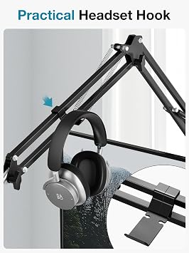 InnoGear Desk Mic Stand, Overhead Mic Boom Arm Microphone Stands High Riser for Blue Yeti Snowball HyperX QuadCast SoloCast Fifine Shure SM7B and Other Mics, MU-HP025
