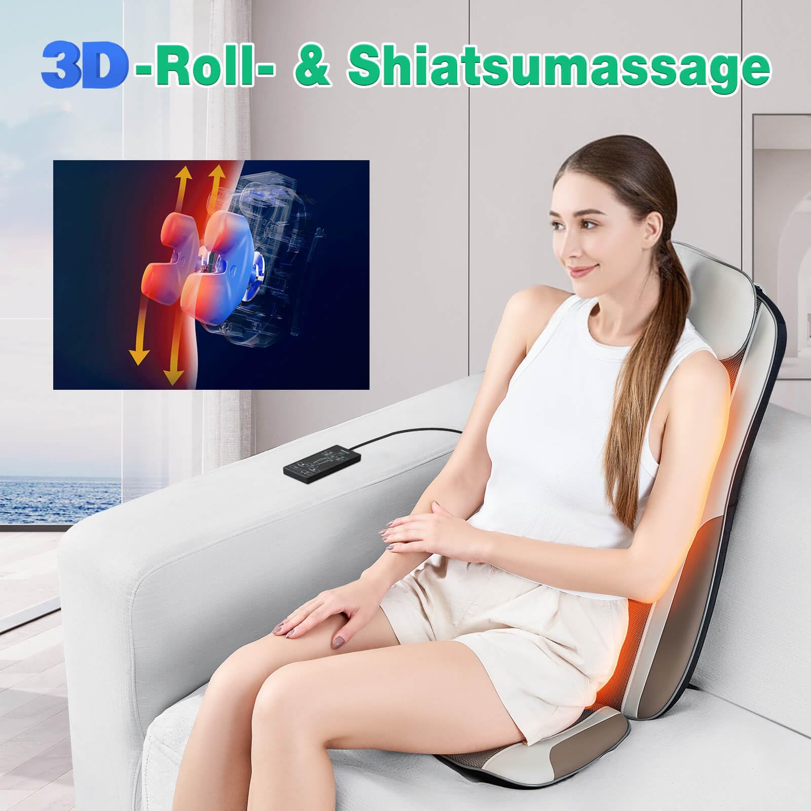 Shiatsu-Rückenmassagegerät mit Wärme, Massage-Sitzkissen für Stressminderung, Tiefenmassage-Knetung & Roller, 2 Vibrationsmotoren, Rücken-, Taillen- und Hüftmassagegerät, PU-Leder, mit 2 Netzteilen