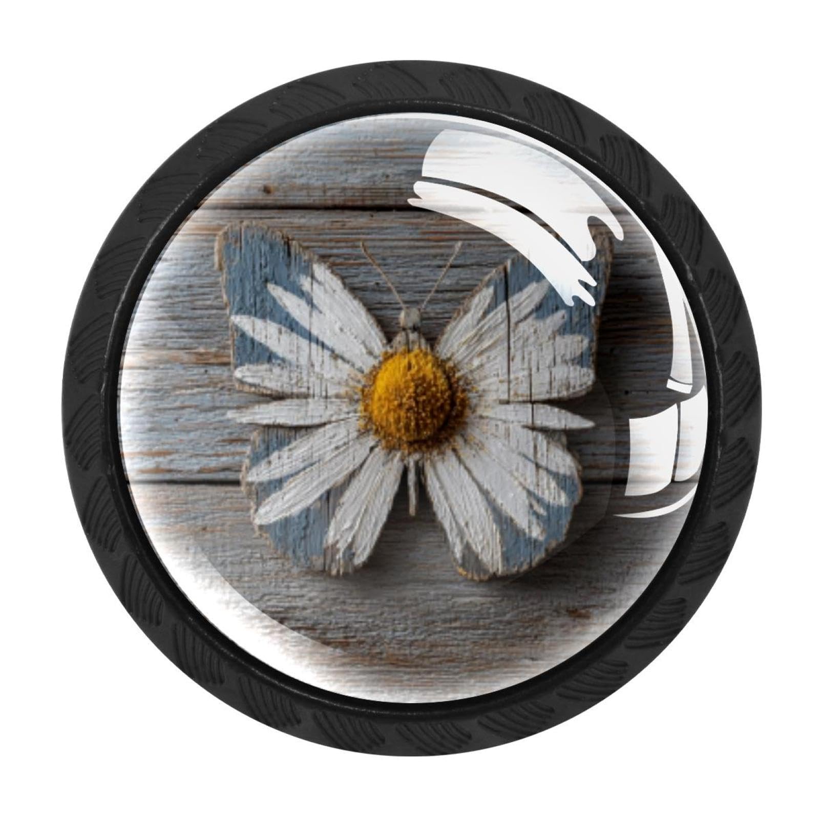 CHENZZZZ 4 Pack Round Cabinet Knobs for Kitchen Bathroom Closet Dresser Cabinets, Daisy Butterfly on Rustic Wooden