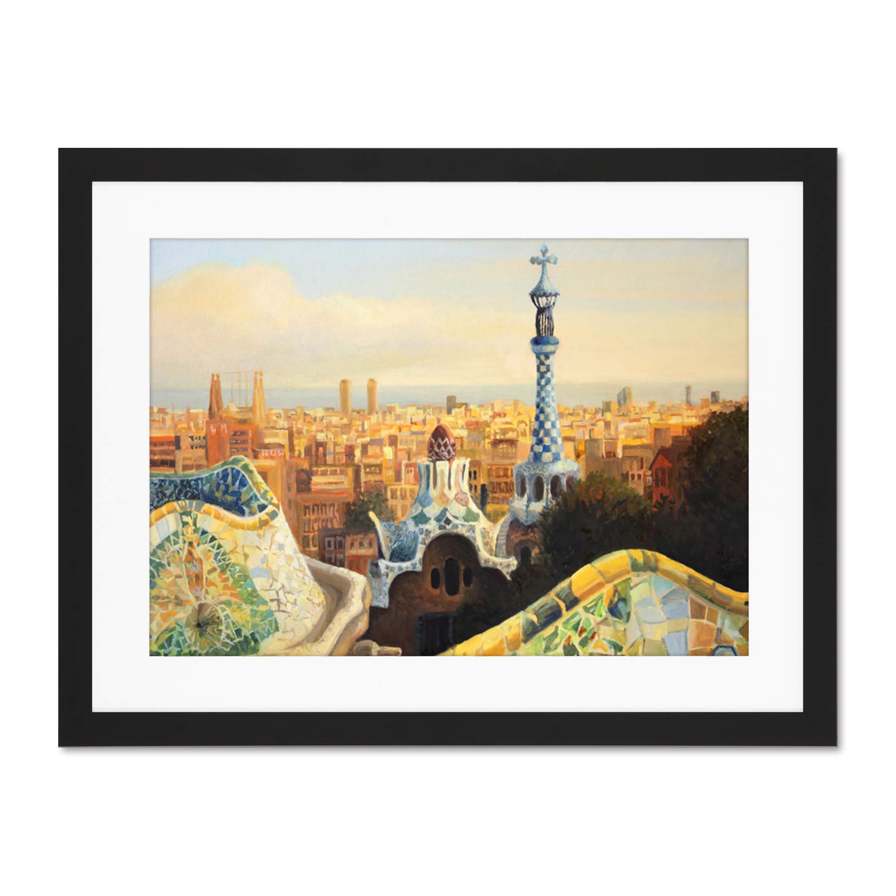 Park Guell Painting Barcelona Large Framed Art Print Wall Poster 18x24 inch