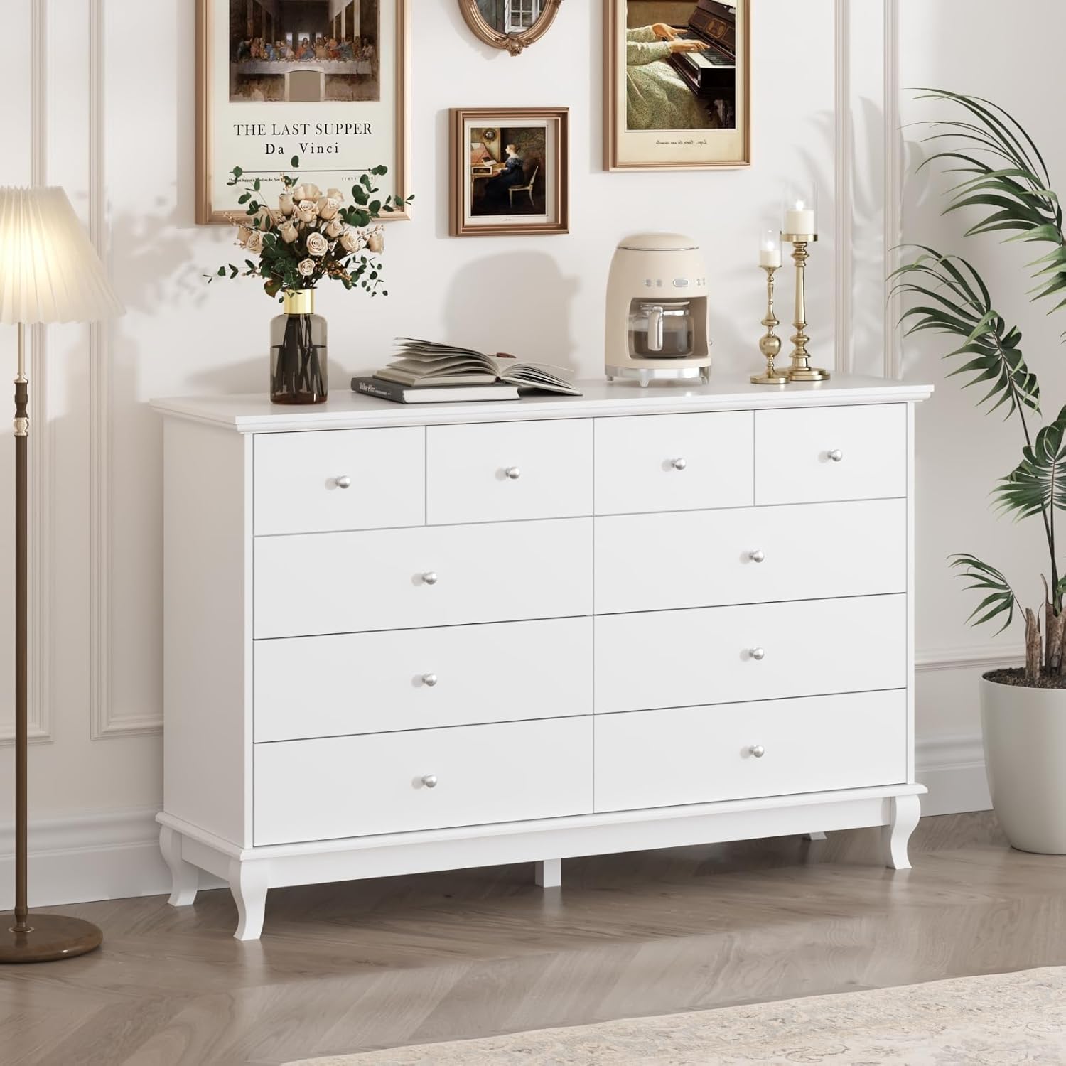 FUFU&GAGA White Dresser for Bedroom Chest of Drawers, Modern 10 Drawer Cabinet with Silver Knobs, 55.1” Wide Dressers with Wood Legs for Living Room Hallway, 55.1”W x 15.7”D x 35.4”H