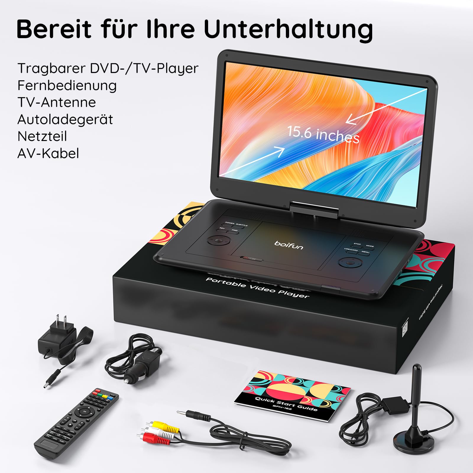 17,5 Zoll Tragbarer Fernseher mit Integriertem DVD-Player, Digitalem DVB-T2-Tuner, Akku, HDMI-Eingang, FM-Radio, USB-Anschluss, SD-Kartensteckplatz und AV-Ausgang