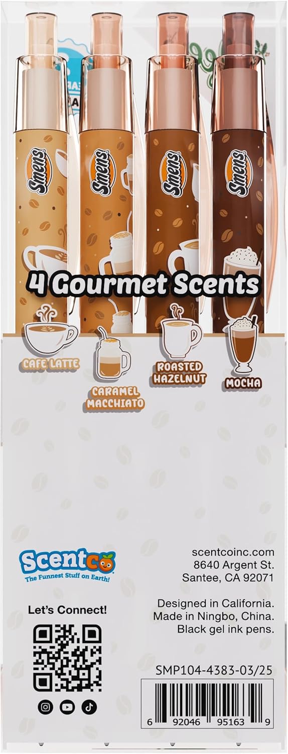 Coffee Smens – 4 Pack Black Gel Ink Pens with Gourmet Coffee Scented Grips (Café Latte, Caramel Macchiato, Roasted Hazelnut, Mocha) – Fun Smelly Pens for Kids, Students & Adults - Image 5
