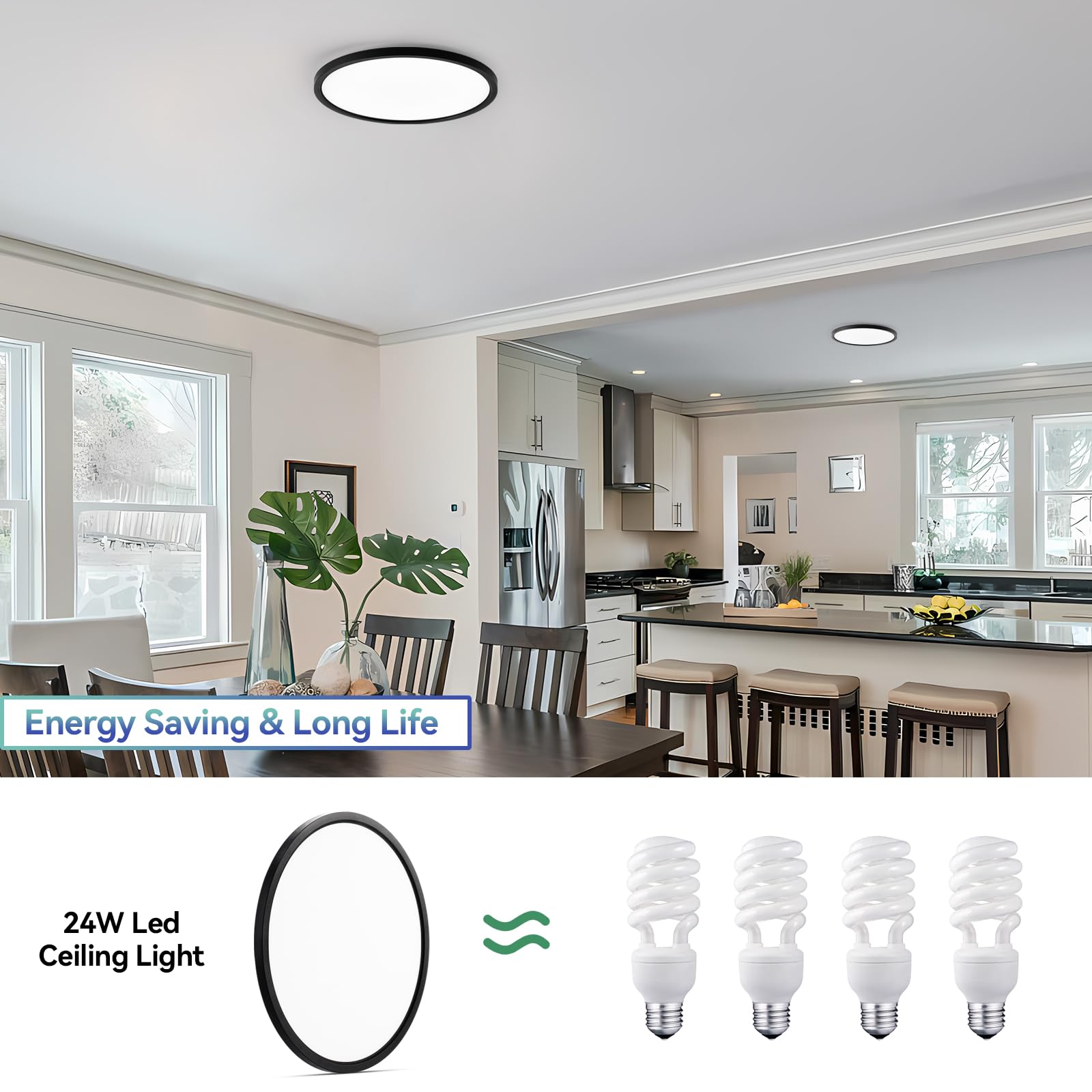 4Pack Flush Mount Ceiling Lights Black, 12Inch 3200LM, 24W Daylight LED Ceiling Light Fixtures