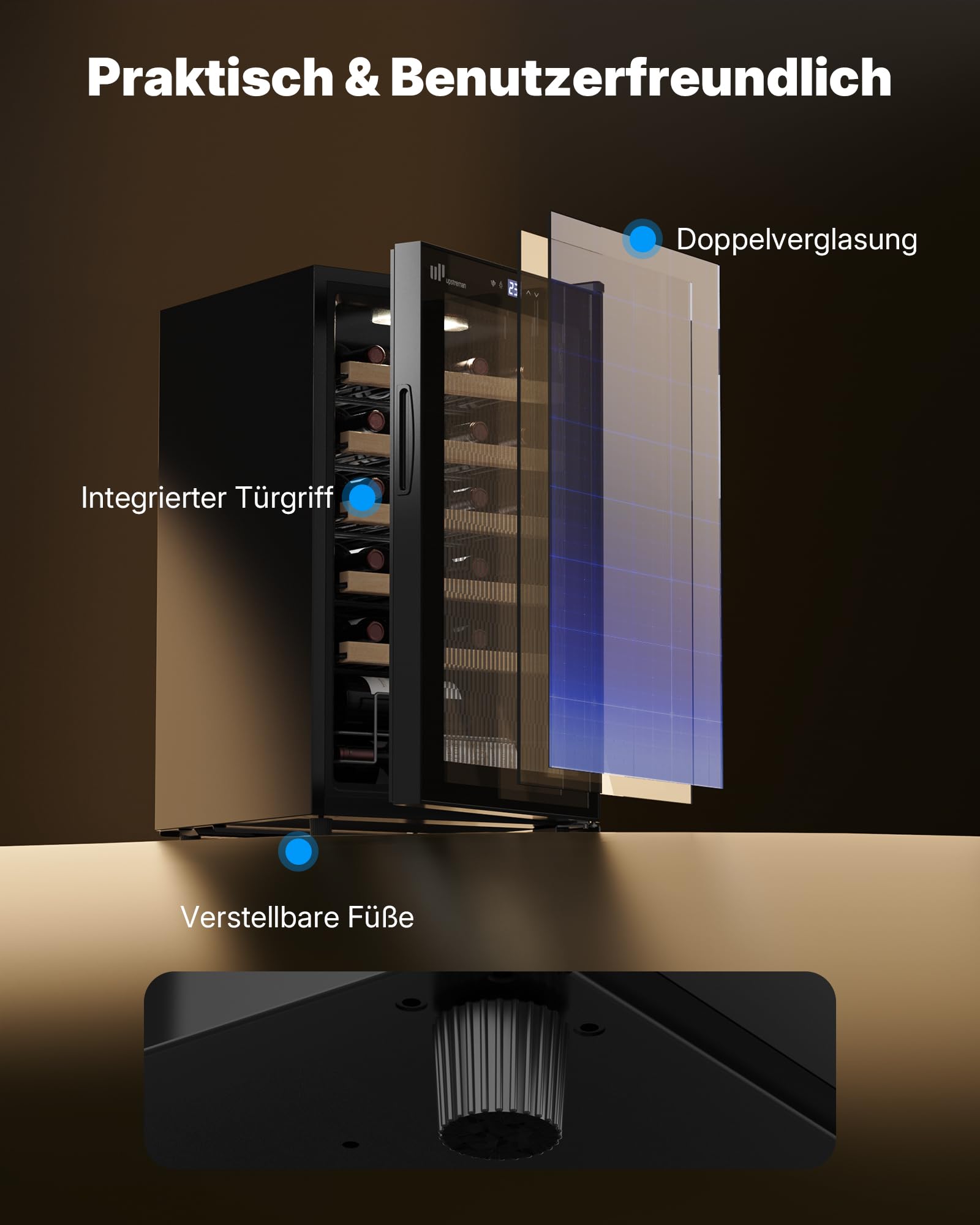 Upstreman Weinkühlschrank 24 Flaschen 5°C-20°C einstellbar Einbau Unterbau Doppelverglasung Touch-Display LED-Beleuchtung W24-Schwarz