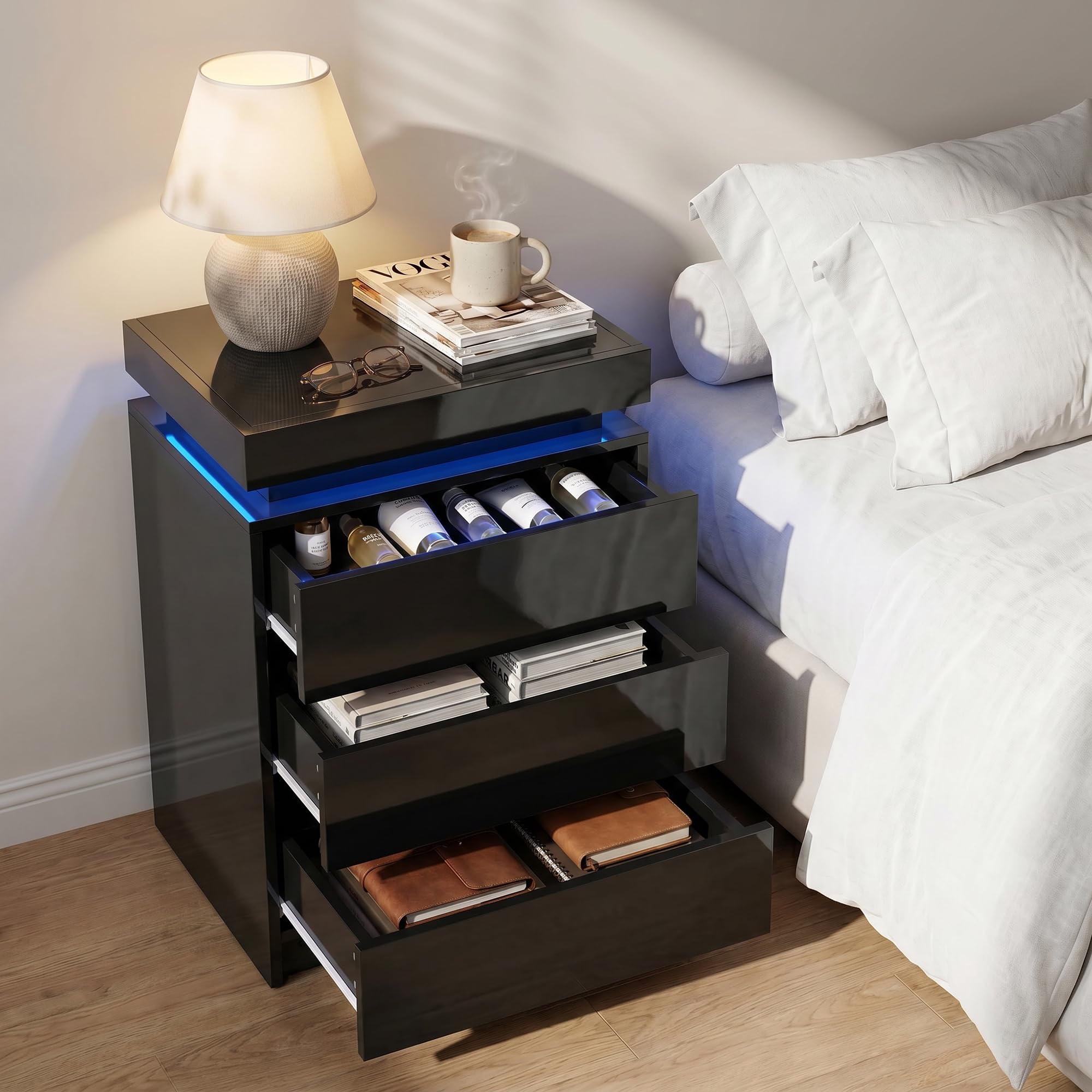 TUKAILAi Lot de 2 Table de Chevet LED avec 3 Tiroirs, Table de Nuit LED Connectee Chambre à Coucher, Commode Chambre LED Connectée pour Adulte, Chevet de Lit à Ports USB Salon Bois Cadeau (Noir)