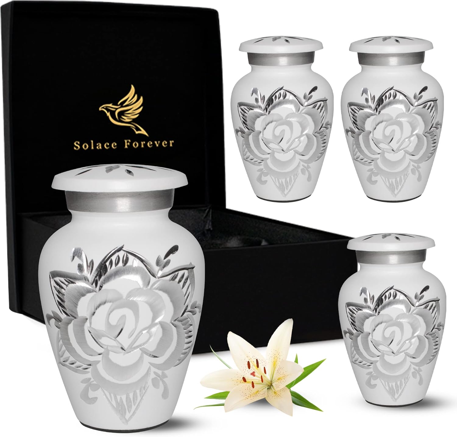 Rose Keepsake Urns for Human Ashes Set of 4 White Rose