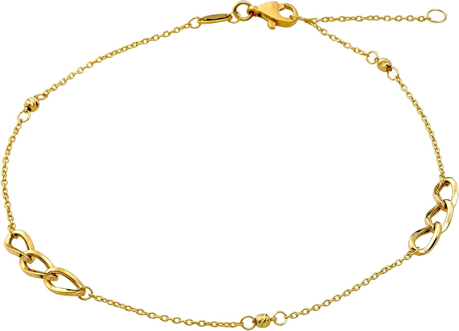 LoveBling 10K Yellow Gold .5mm Diamond Cut Beads and Curb Link Anklet Adjustable 9" - 10" (#70)