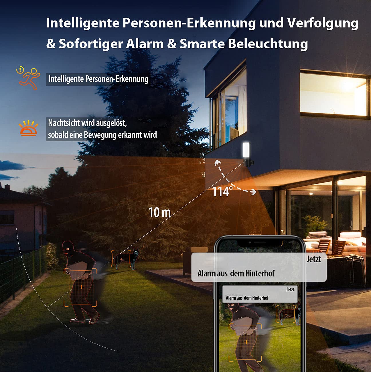 VisorTech LED-Außenwandleuchte, WLAN-2K-Kamera, PIR, Nachtsicht, Sirene, schwarz
