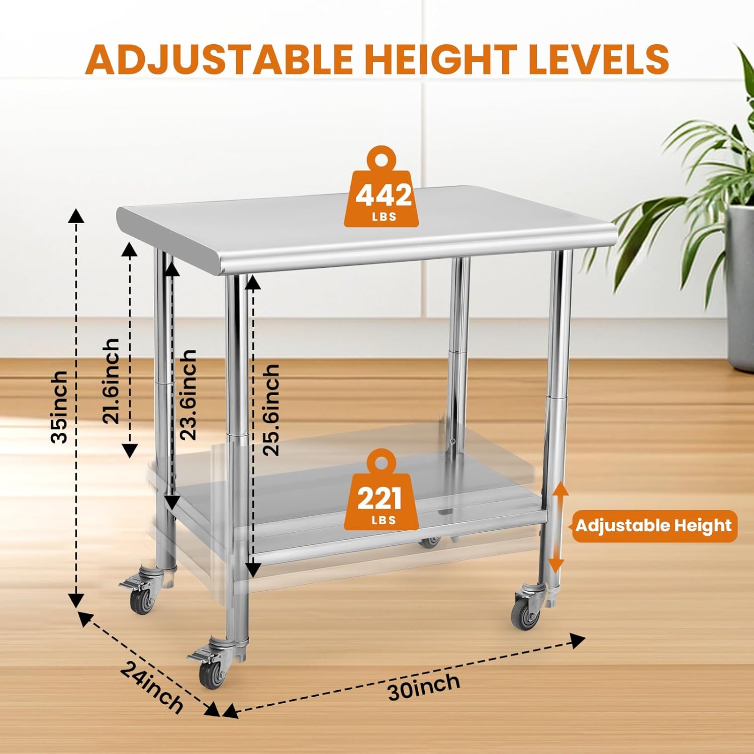30"x24" NSF Stainless Steel Workbench with 4 Wheels & Hooks, Adjustable Height for Outdoor, Restaurants, Hotels, Workshops, Kitchens, Garages and Gardens