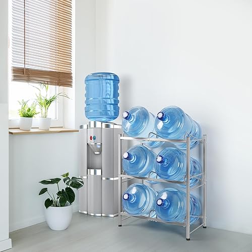 Miniatura 3 de smusei Soporte para botellas de agua de 5 galones, soporte para jarra de agua de 3 niveles, soporte resistente de doble fila para 6 botellas,
