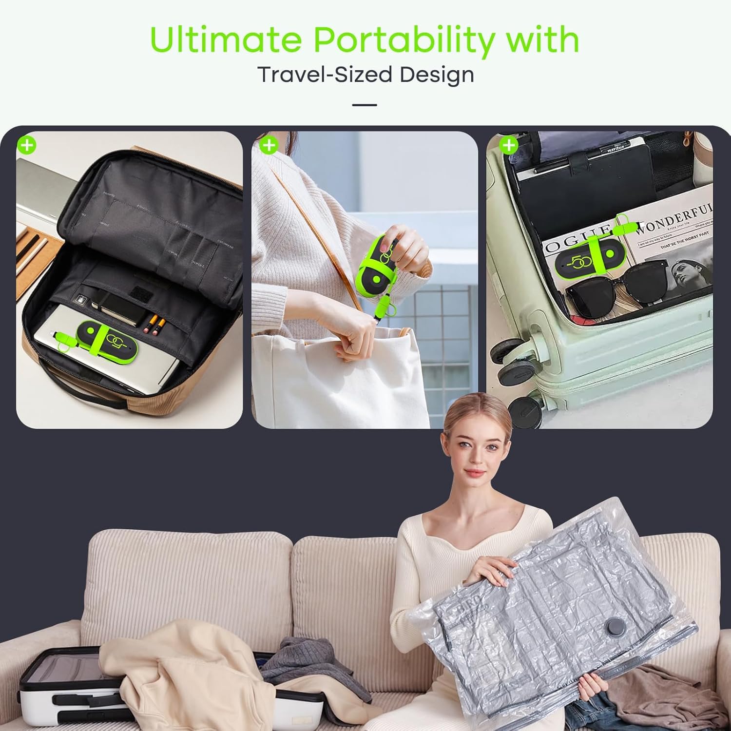 Vacbird Vakuumbeutel für Reisen mit USB-Pumpe, 12 Stück, Handgepäckgröße, Kompressionsverpackung für Gepäck und Koffer, platzsparende Taschen für Kleidung und Kleidung auf Reisen