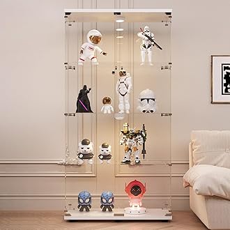 LFT HUIMEI2Y Glass Display Cabinet with LED Lights and Lock, 2 Door Curio Cabinets, Tempered Glass Collection Display Showcase for Bedroom, Living Room 65” White