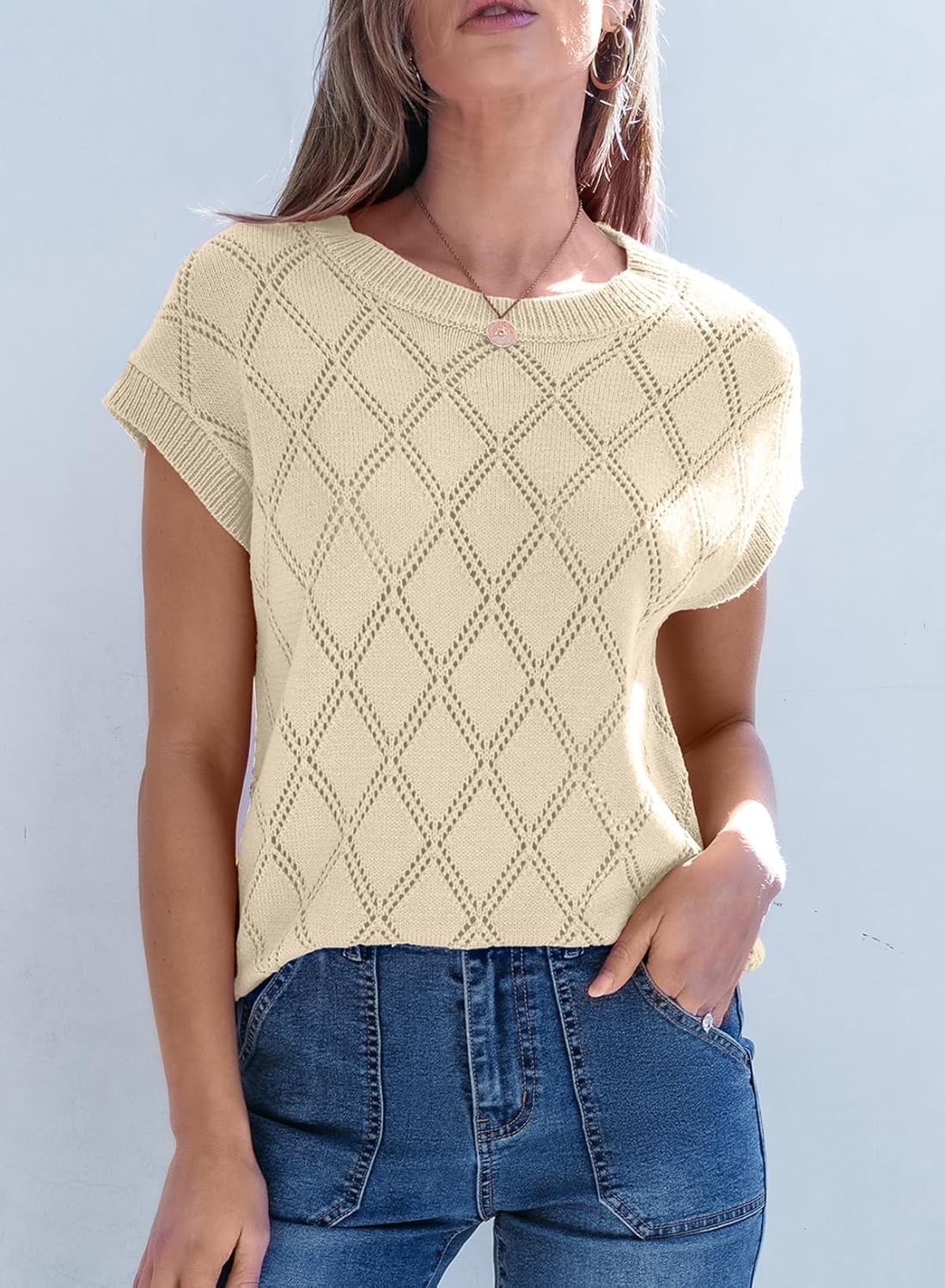 SHEWIN Womens Tops Crewneck Cable Knit Short Sleeve Sweater Loose Lightweight Blouses Dressy Casual Pullover Sweaters Top - Image 9