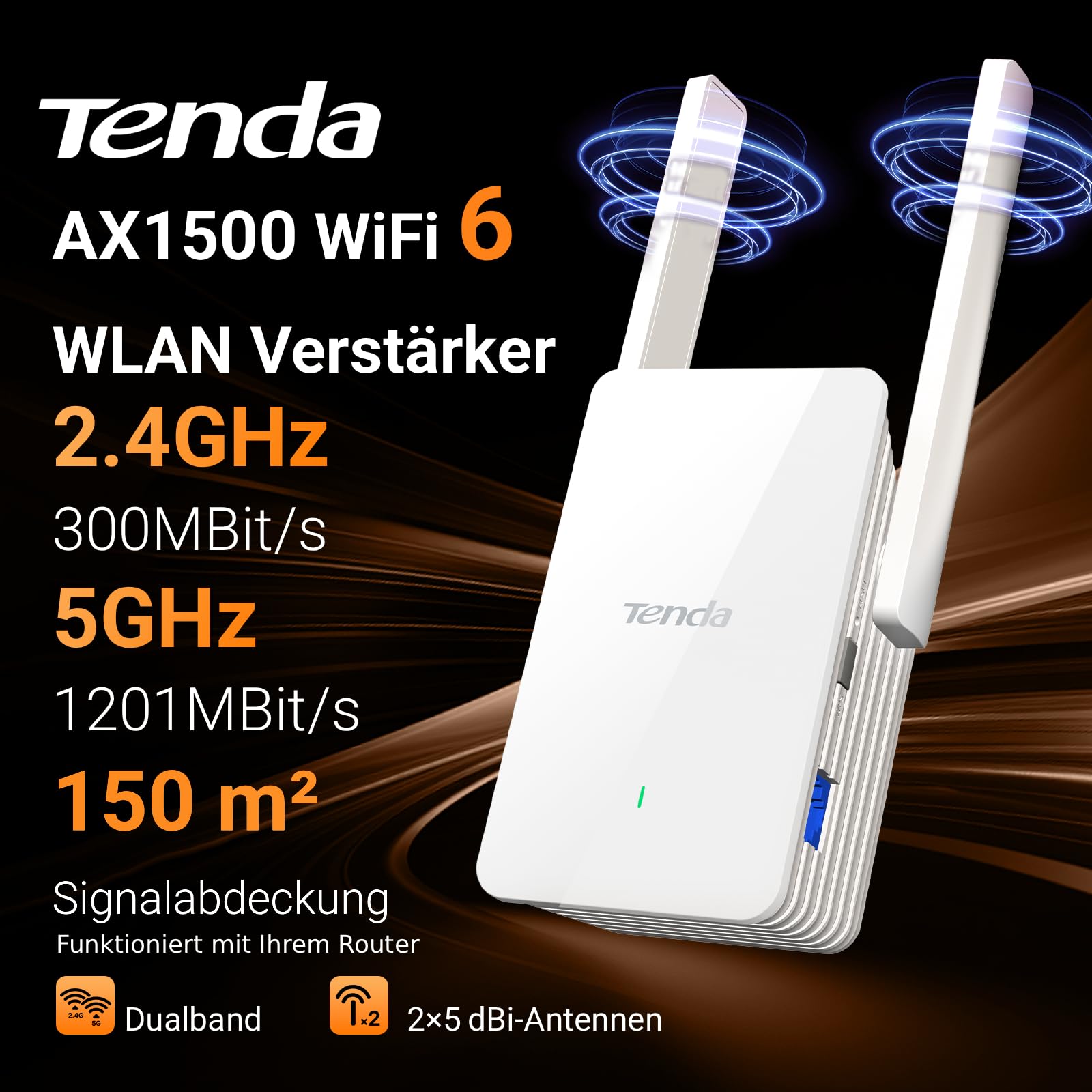 Tenda WiFi 6 WLAN Verstärker Repeater AX1500, 5GHz 1200 Mbit/s 2,4GHz 300 Mbit/s, Gigabit-Port, AP-Modus, WPA3, Abdeckung bis 150 m², kompatibel mit Fritzbox & Anderen Routern, A23