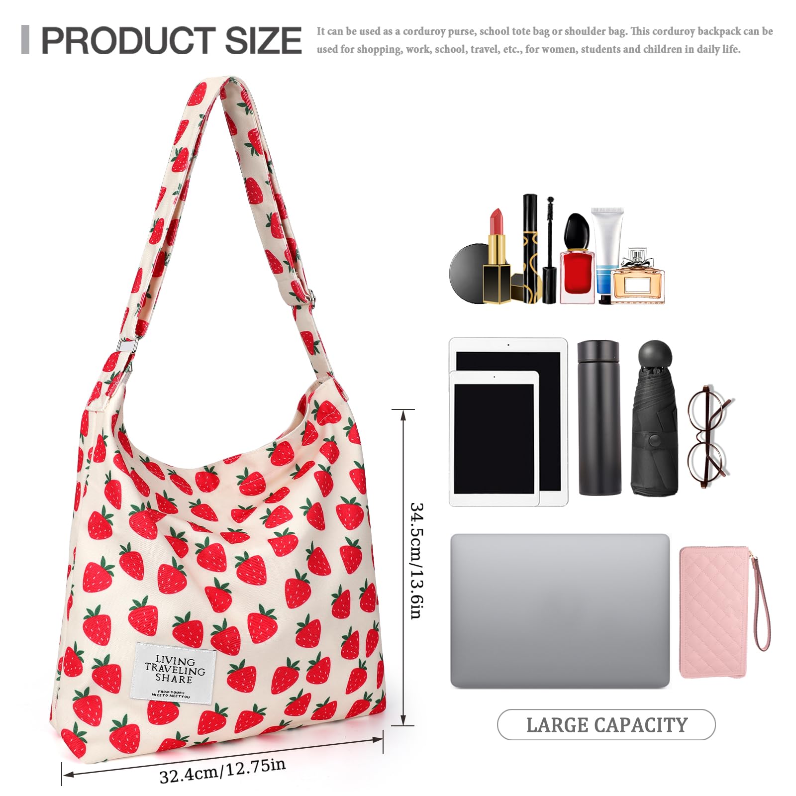 Canvas Tote Bag for Women Crossbody Hobo Bags Adjustable Shoulder Strap with Zipper Pockets (Strawberry Beige)