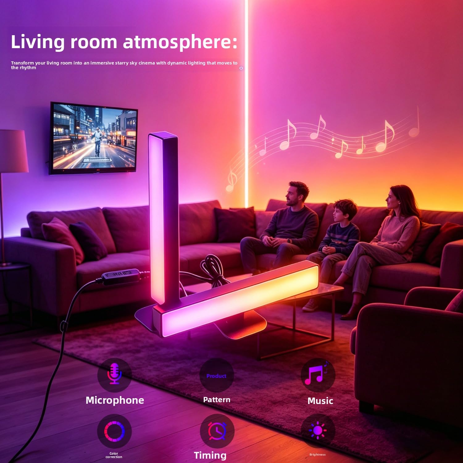 Lot de 2 barres lumineuses RVB avec contrôle du son, synchronisation de la musique, lumière d'ambiance LED avec 16 millions de couleurs, modes dynamiques et contrôle par application, lumières de jeu