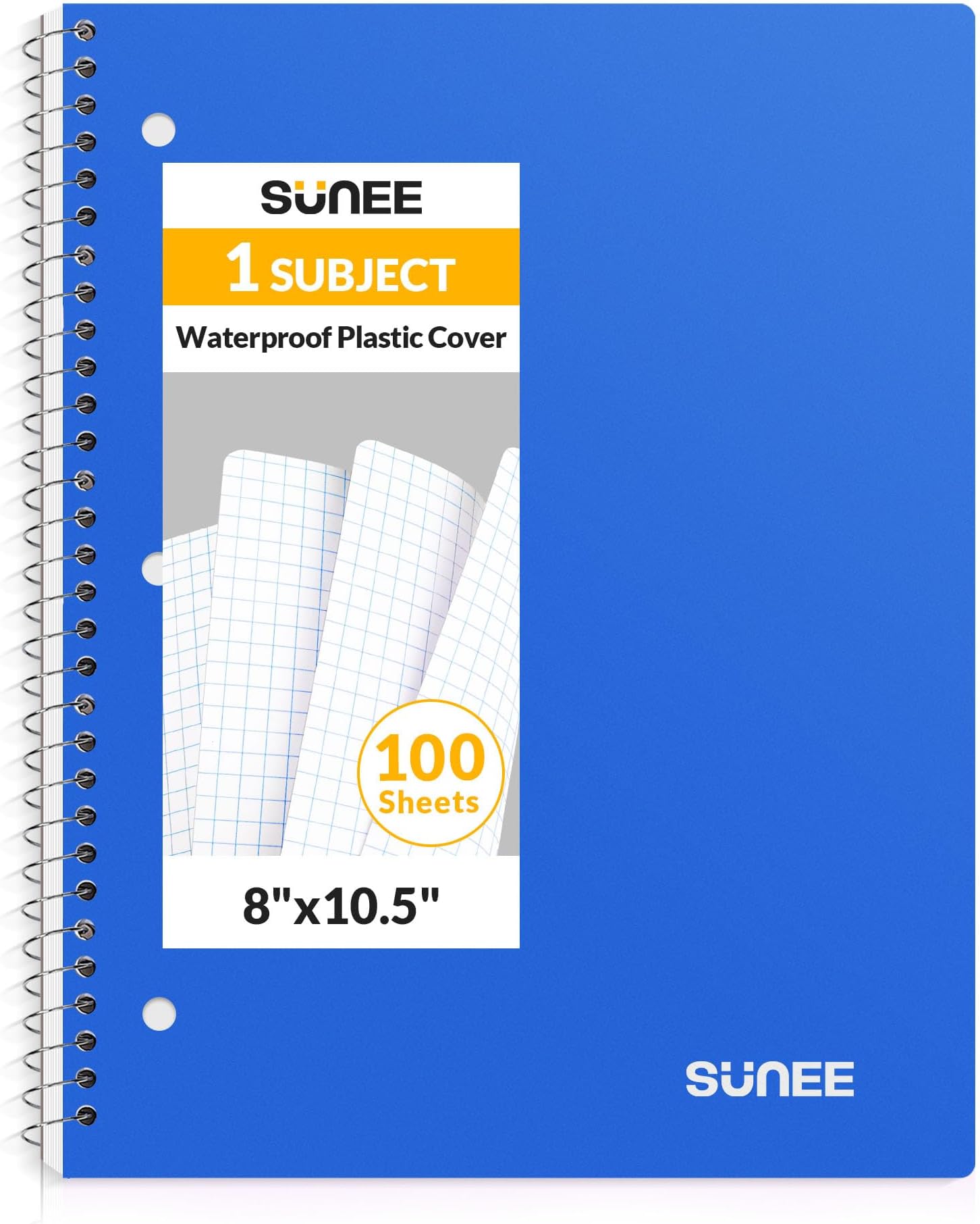 SUNEE Spiral Notebook, 1-Subject, Graph Ruled Paper, 8" x 10-1/2", 100 Sheets per Notebook, 3-Hole Punched Paper, Water Resistant Cover, Spiral Grid Notebooks for Work, Home, School, Writing, Blue