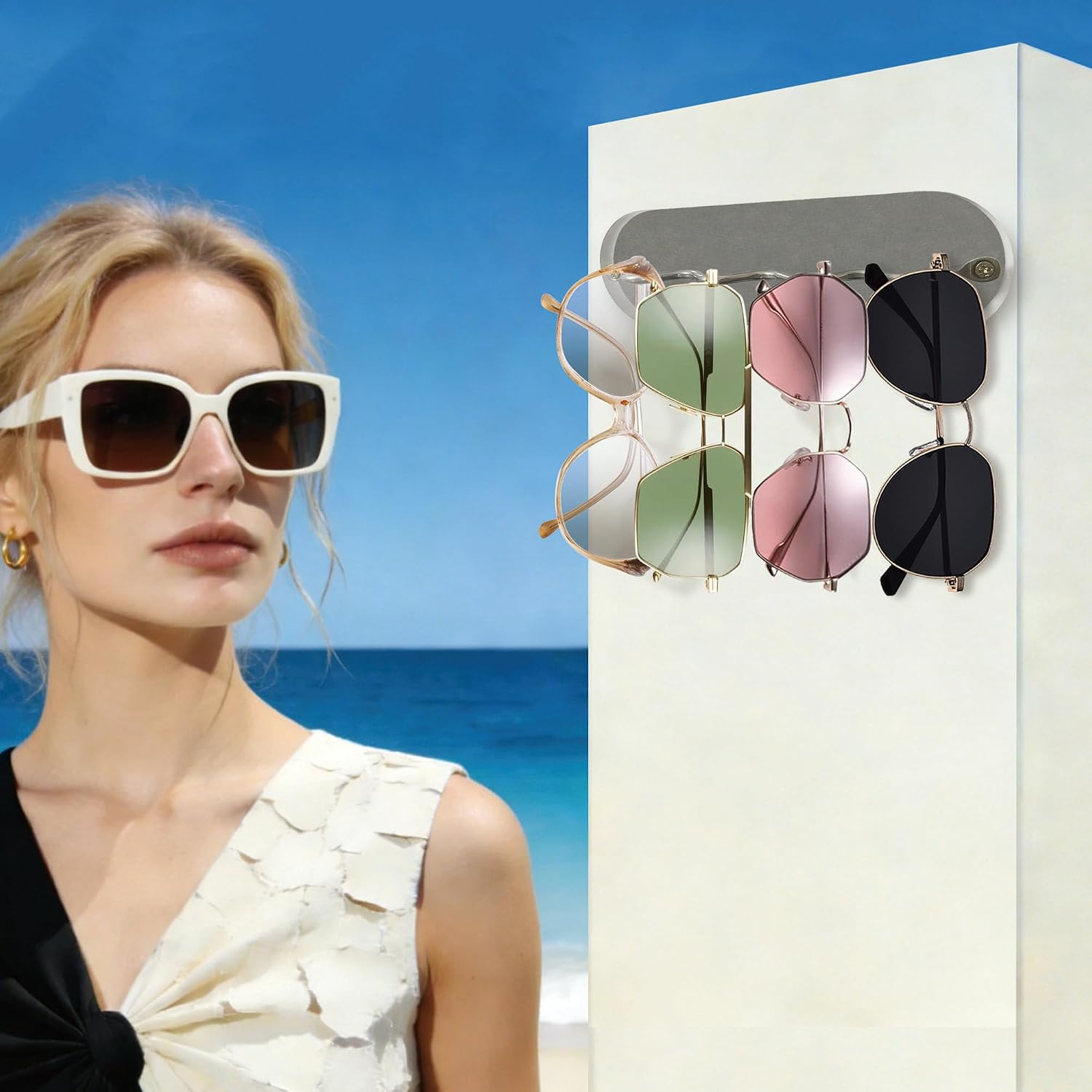 Acrylic Sunglass Organizer Wall Mount - 5.9 Inch Clear Sunglasses Holder with Wave Hooks, No Drill Wall Mounted Eyewear Storage for Closet Bathroom Entryway