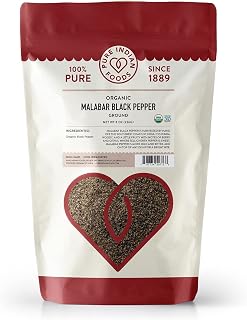 Pure Indian Foods Malabar Black Pepper Fine Ground - 8 oz Ground in Resealable Bag, Certified Organic, Non-GMO, Whole30 Approved, Non-Irradiated, 100% Pure, Hand Harvested