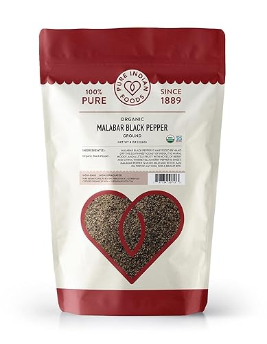 Pure Indian Foods Malabar pimienta negra molida fina – 8 oz molida en bolsa resellable, certificado orgánico, sin OMG, aprobado por Whole30, no