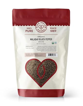 Pure Indian Foods Malabar Black Pepper Fine Ground - 8 oz Ground in Resealable Bag, Certified Organic, Non-GMO, Whole30 Approved, Non-Irradiated, 100% Pure, Hand Harvested