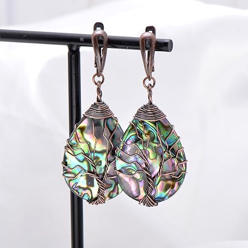 Miniatura 5 de Aretes de árbol de la vida de concha de abulón marino con alambre de cobre de bronce para mujer, cierre vintage