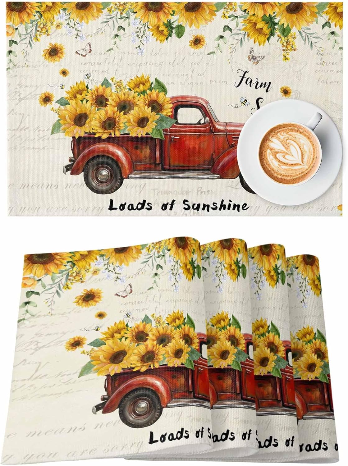Seven Roses Harvest Farm Red Truck Full of Blooming Sunflowers Placemats - Set of 6 Washable Stain Resistant Kitchen Table Mats - Cotton Linen Woven Dining Table Mats - 12" x 18"