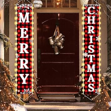 Christmas Decorations Outdoor Yard, Outside Front Porch Sign Set with Lights, Red Black Buffalo Plaid Xmas Door Decorations, Hanging Banner for Home Decor Wall Front Door Yard Garage