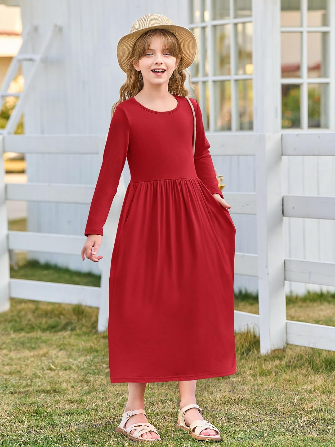 Haloumoning Girls Maxi Dress Long Sleeve Casual Holiday Dress with Pockets for 5-14 Years - Image 3