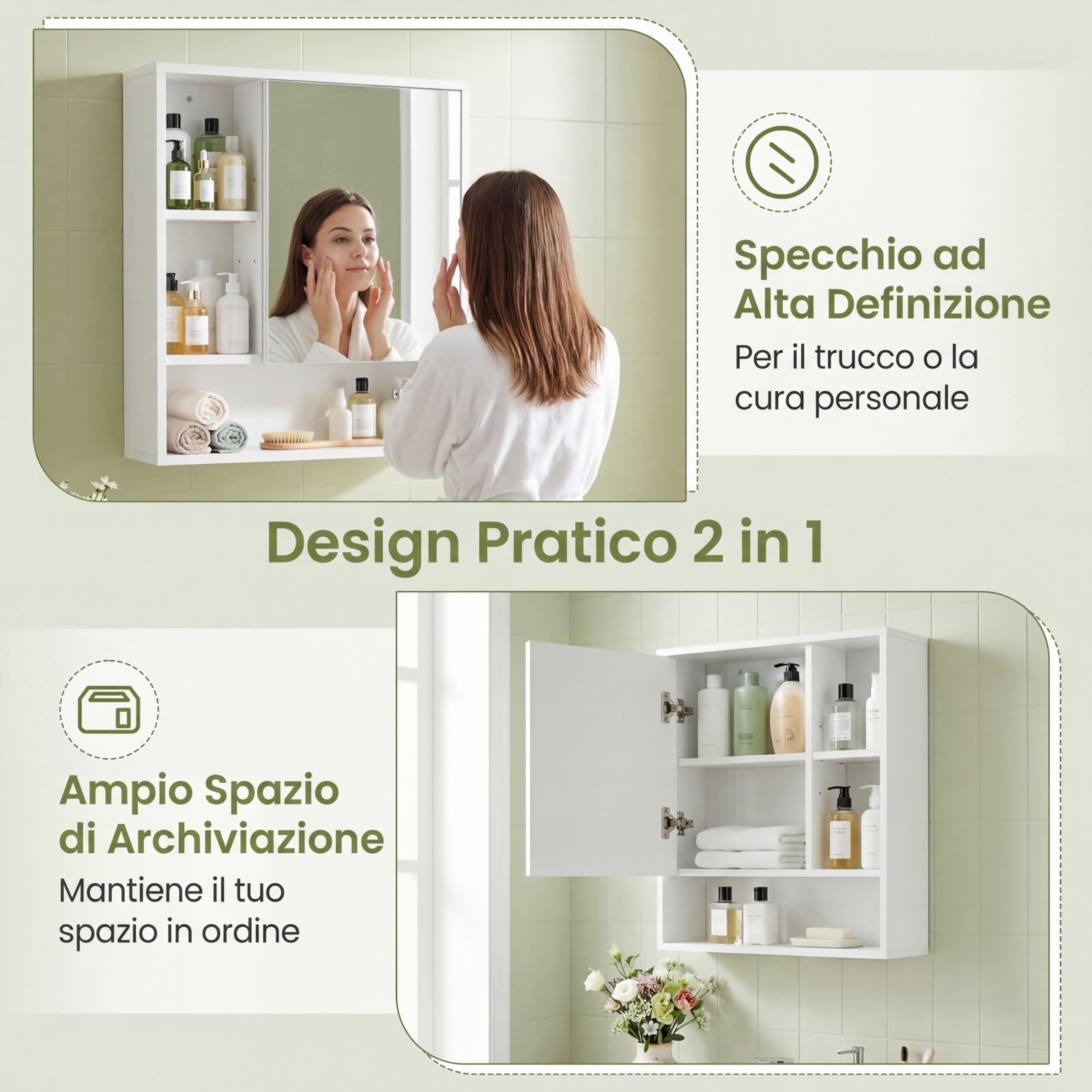 COSTWAY Mobile Bagno con Specchio da Parete in Legno, Bianco