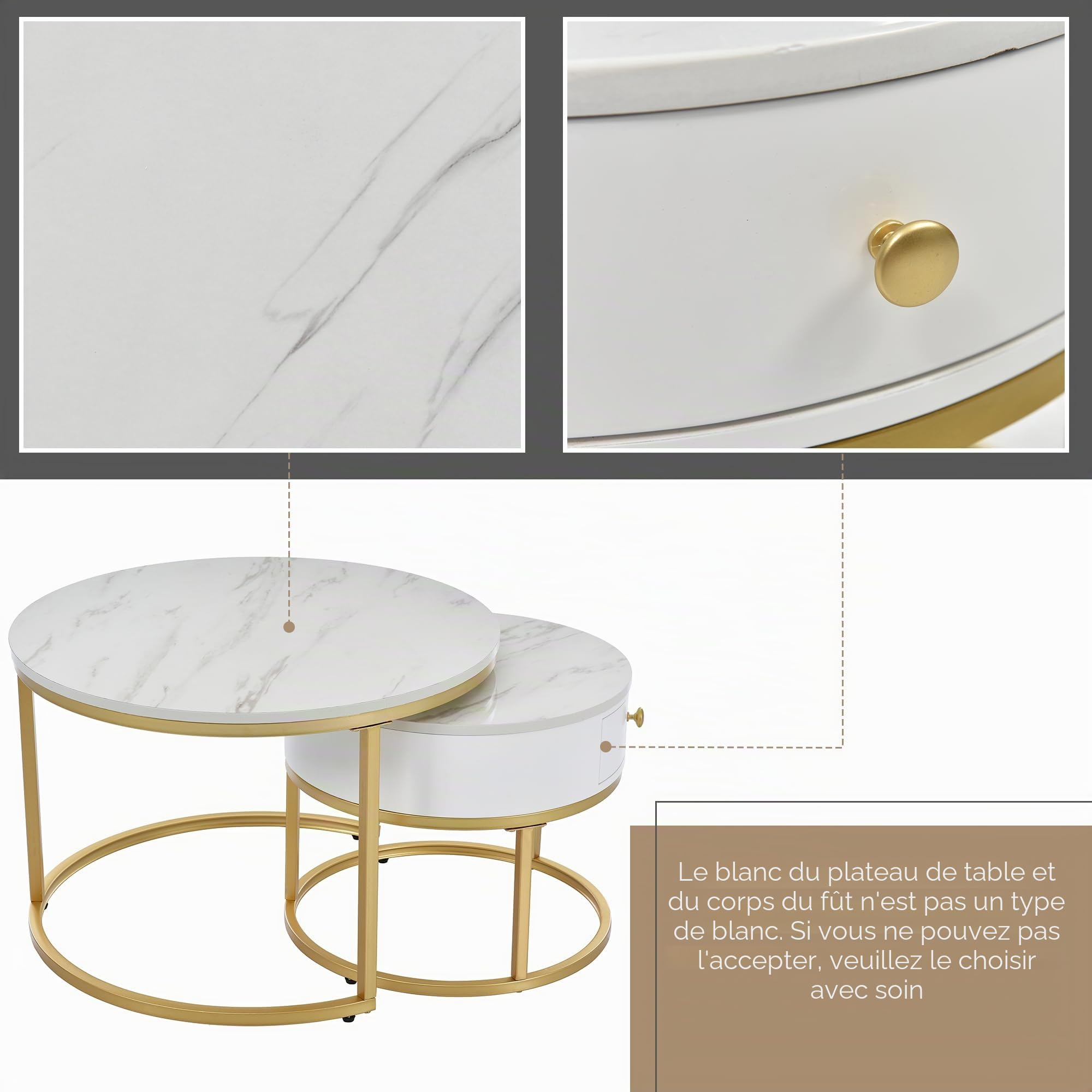 Merax Lot de 2 tables basses rondes, table d'appoint moderne pour salon avec tiroir, piétement en métal doré, motif marbre, tables de canapé pour chambre, balcon, bureau, Blanc