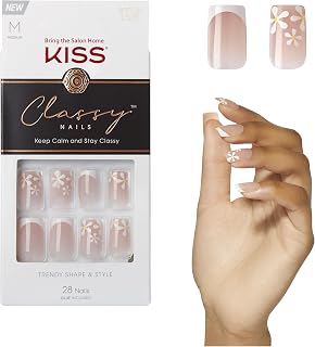 KISS Classy, Press On Nails, Nail glue included, 'Stay Charmed', White, Medium Size, Square Shape, Includes 28 Nails, 2g glue, 1 Manicure Stick, 1 Mini File