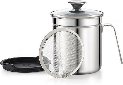 Cook N Home Classic Stainless Steel Grease Container With Strainer 2.5 Quart, Pot Fat Storage With Lid, Easy Grip Handle Suitable For Storing Frying Oil And Cooking Grease