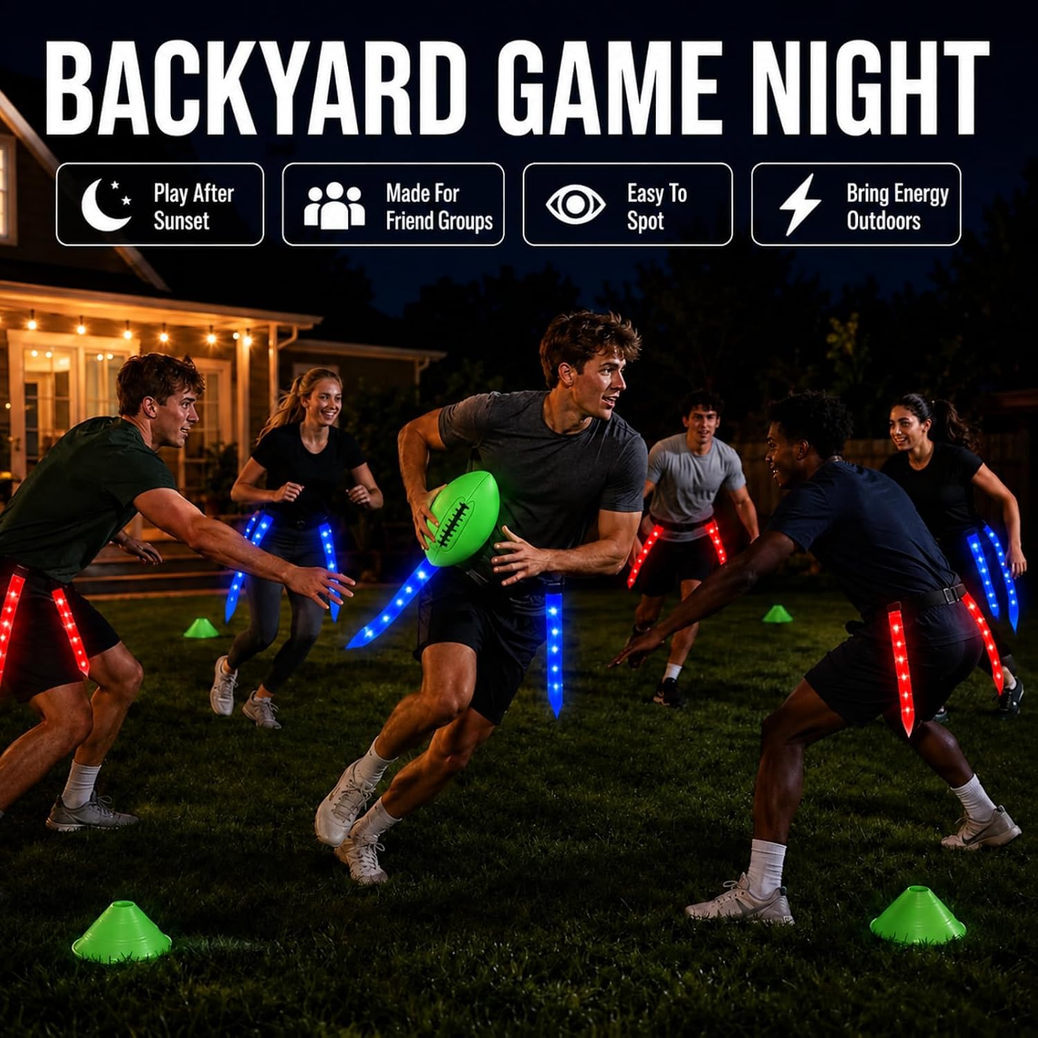 Libima 6 Set LED Flag Football Belts 47.24" Red Blue Glow with Cones | Capture the Flag Set for Backyard Camping Outdoor Play, Night Team Games, Includes Storage Bag for Portable Transport