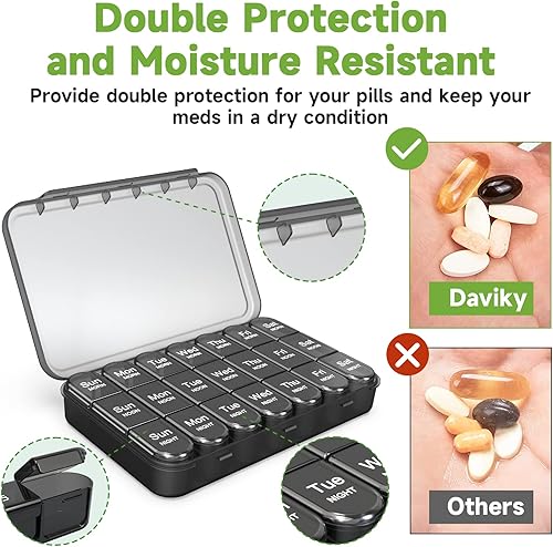 Miniatura 5 de Daviky Pastillero semanal 3 veces al día, pastillero semanal 7 días, pastillero de viaje con recipientes grandes, pastillero a prueba de luz para