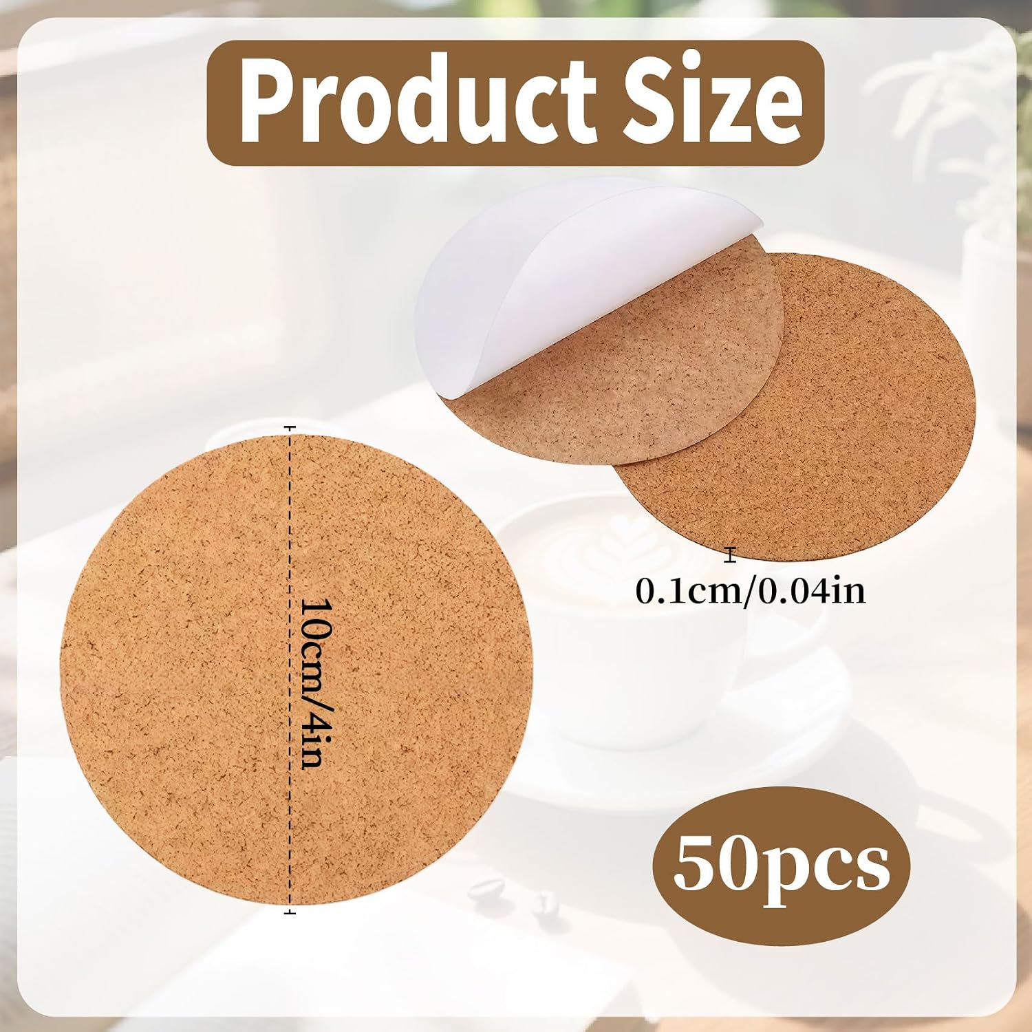 Self-Adhesive Cork Coasters - 50 Pack 4 Inch Round Cork Backing for Coasters Self Adhesive Cork Sheets for DIY Crafts Tabletop Protection Drink Coasters (1mm Thick)