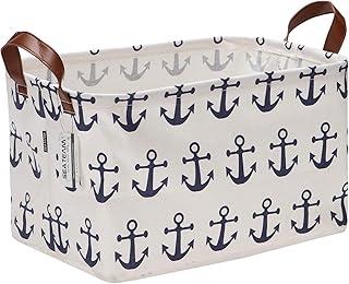 Sea Team Large Size Canvas Storage Bin Collapsible Shelf Basket Toy Organizer with Nautical Anchor Pattern, 16.5 by 11.8 inches, Navy Blue