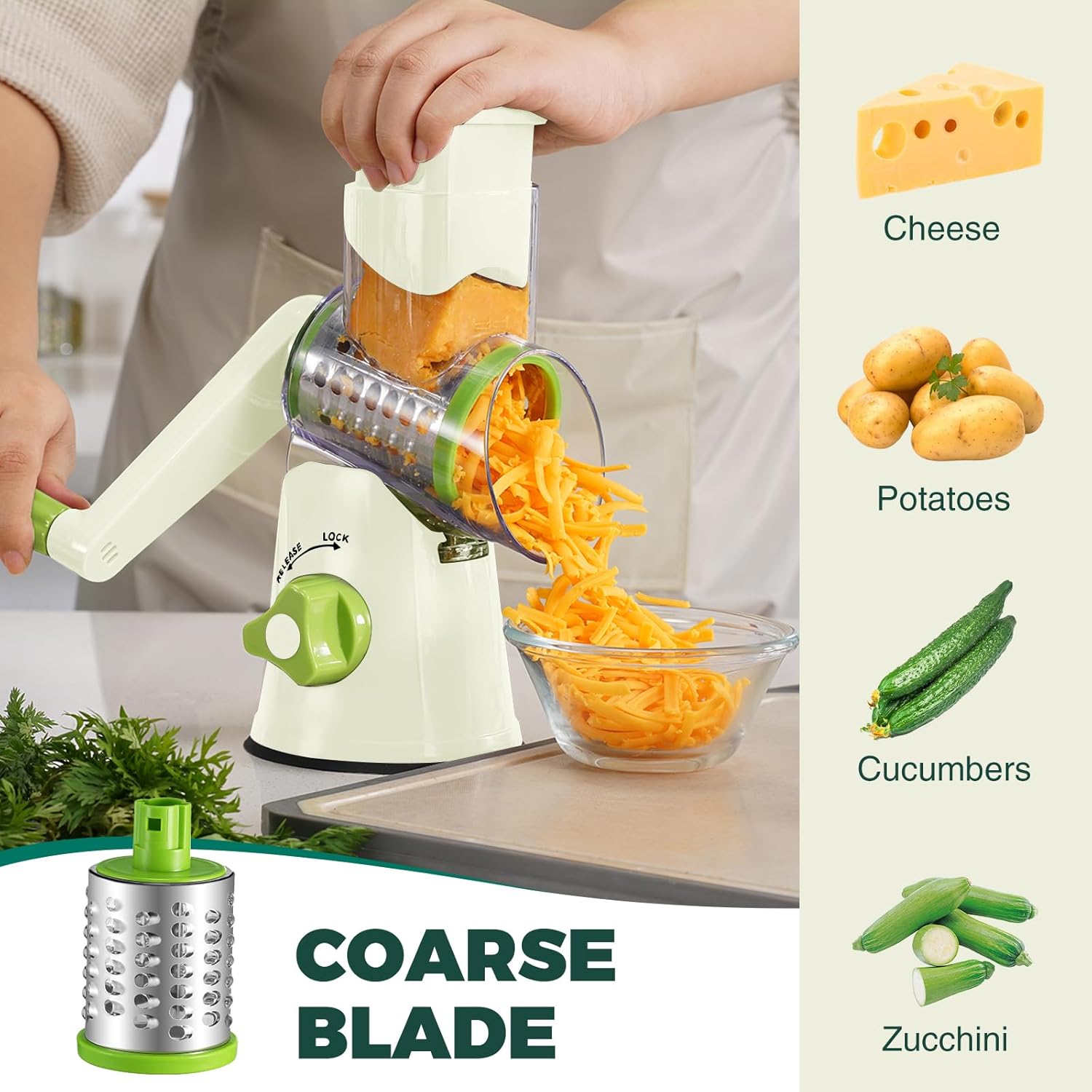 Cheese Grater with Handle, Kitchen Manual Cheese Shredder with 3 Interchangeable Blades, Rotary Cheese Grater Handheld with Strong Suction Base, Vegetable Slicer Nuts Grinder with Clean Brush Green