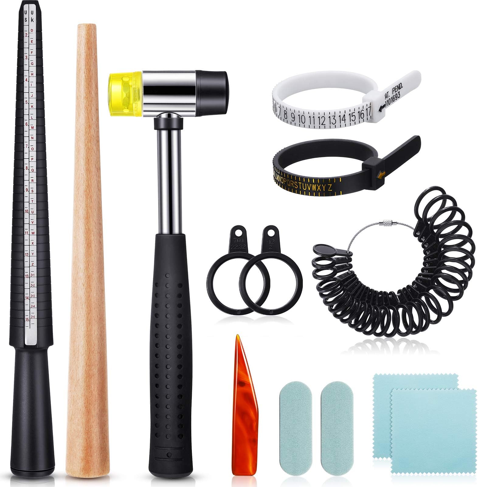 11 Pieces Metal Us UK Ring Mandrel Set, Size 1-13 with Half Size Ring Sizer Gauge Jewelry Mandrel Jewelry Hammer Adjuster Polishing Cloth Polishing Stick Polished Agate Knife Measuring Tool(Black)