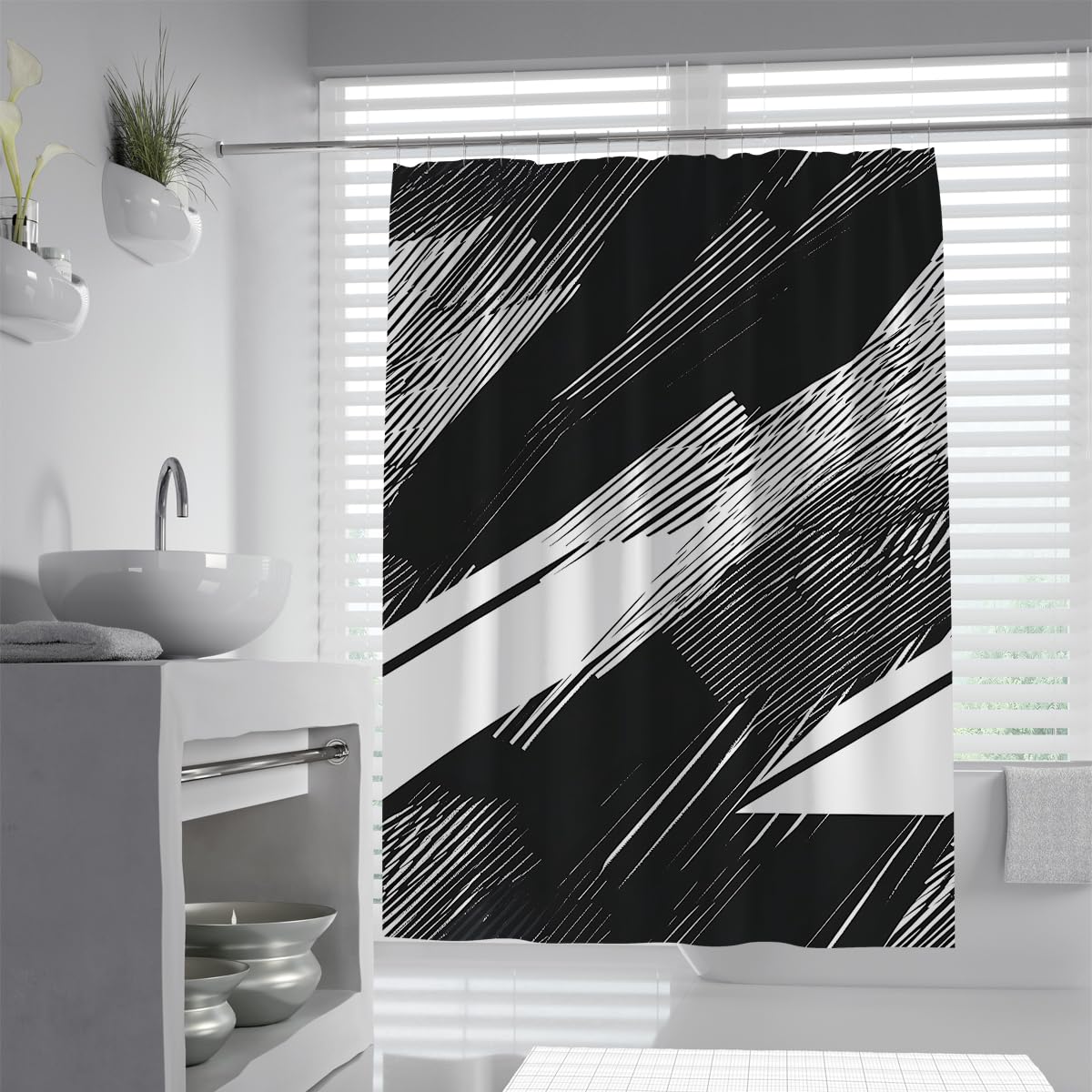 UIRINGART Nordic Geometric Hatching Lines Shower Curtain W100xL180cm Contemporary Abstract Zebra Block Pattern Waterproof Quick Dry Rustproof Grommets Bath Curtain With Hook