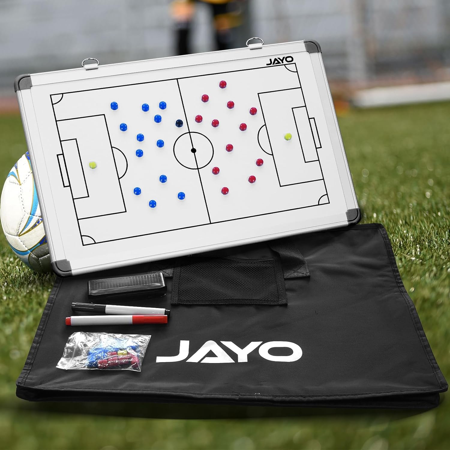 JAYO Soccer Coaches Tactical Board, 18" x 12" Portable Soccer Tactic Board, Double-Sided Magnetic Football Coaching Board Kit with Magnets, Marker Pen and Waterproof Carrying Bag