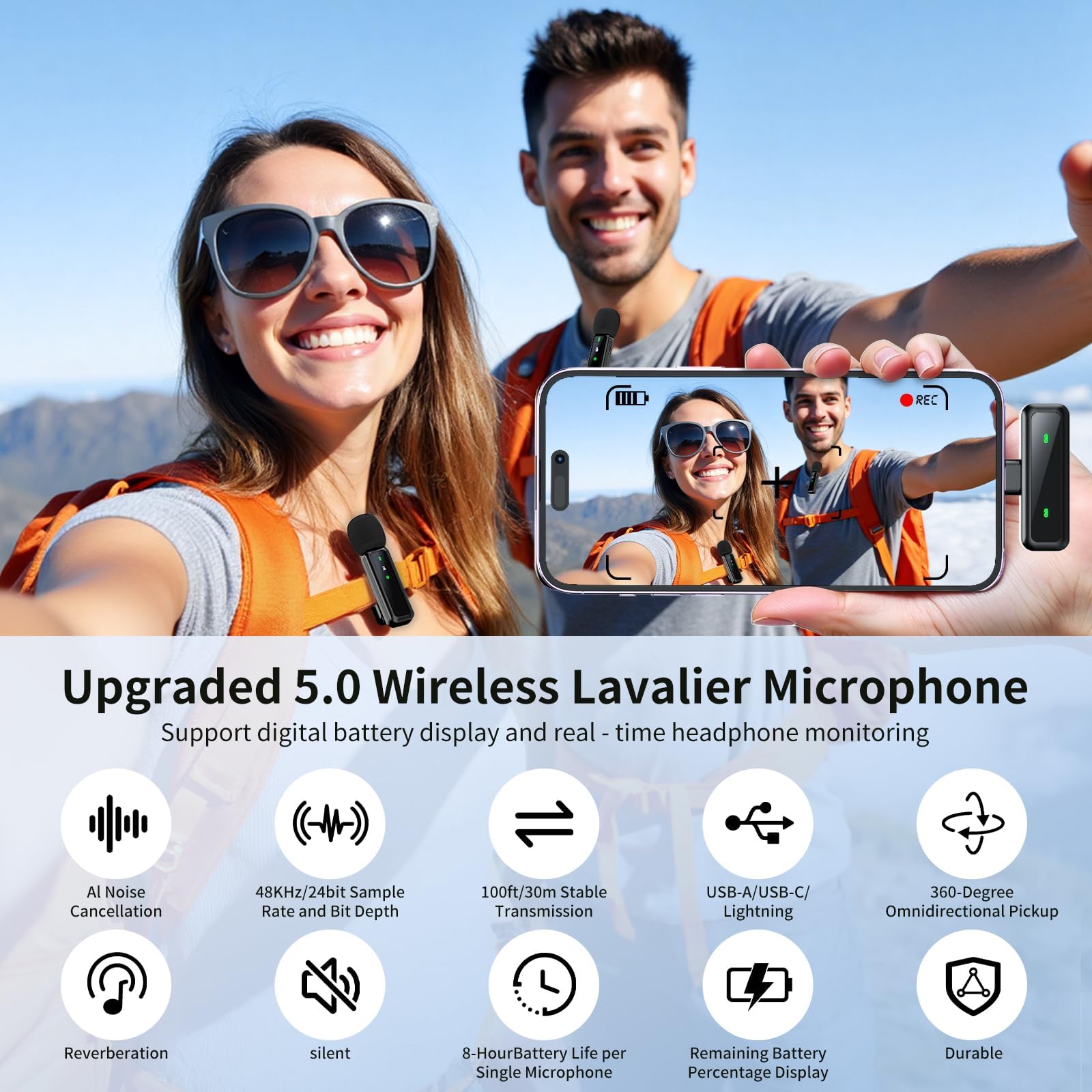 Lot de 2 mini microphones sans fil Bluetooth à clipser pour enregistrement vidéo, suppression du bruit 2 en 1 pour iPad, appareils Android, PC
