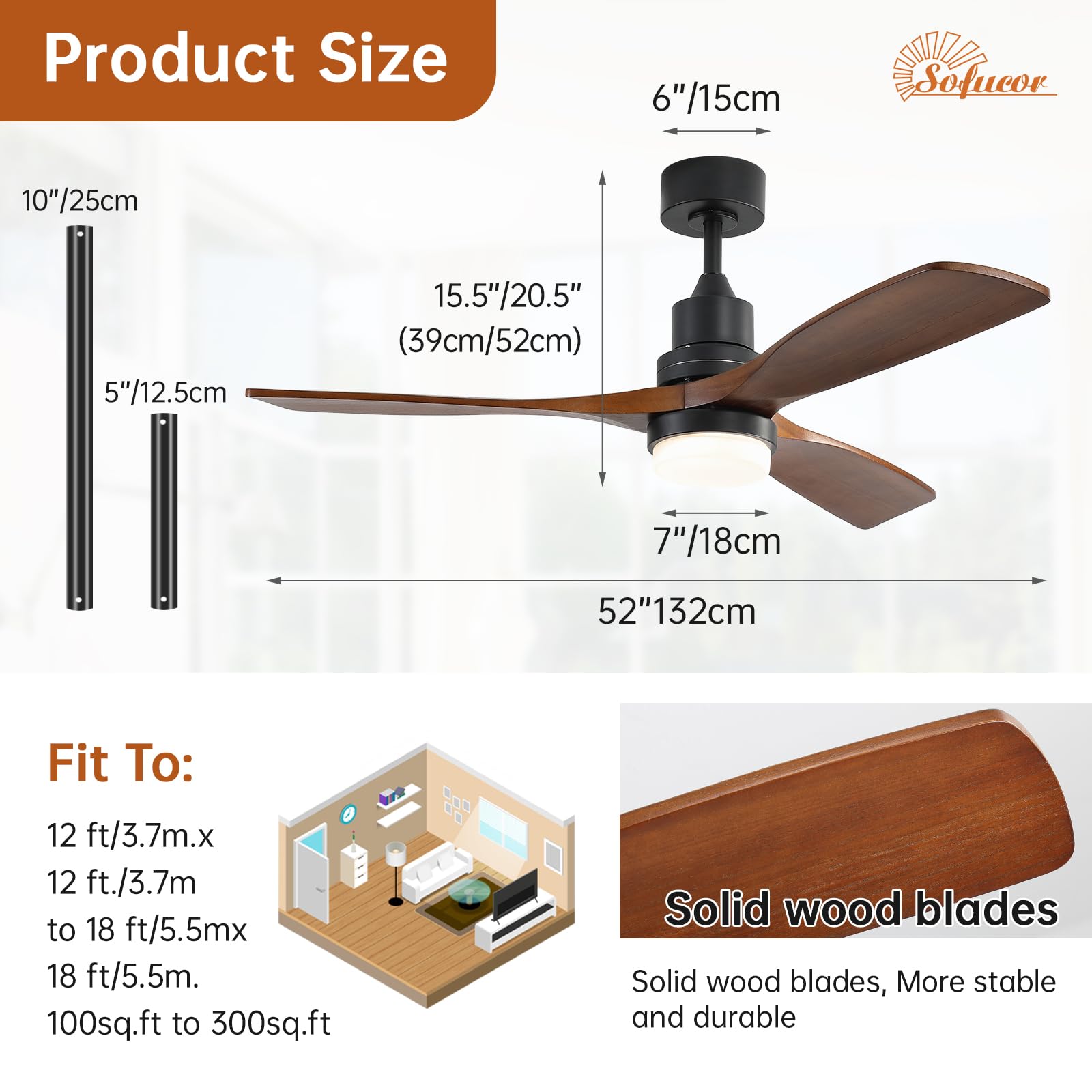 Sofucor Deckenventilator mit Beleuchtung und Fernbedienung, Deckenventilator mit Licht, 3 Holzlüfterblätter, DC Motor, 132cm, Timer, 3 Farbtemperatur und 6 Geschwindigkeiten, Sommer Winterbetrieb