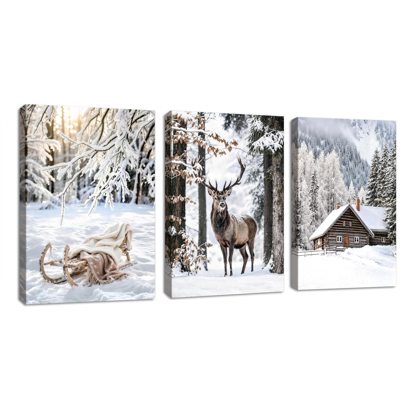 3Pcs Winter Sunlight White Snowy Scenery Framed Canvas Wall Art Prints Vintage Sleighs Cottages Wall Pictures Christmas Reindeer in Snowy Forest Canvas Painting Decor for Bedroom Living Room 30X40cmX3