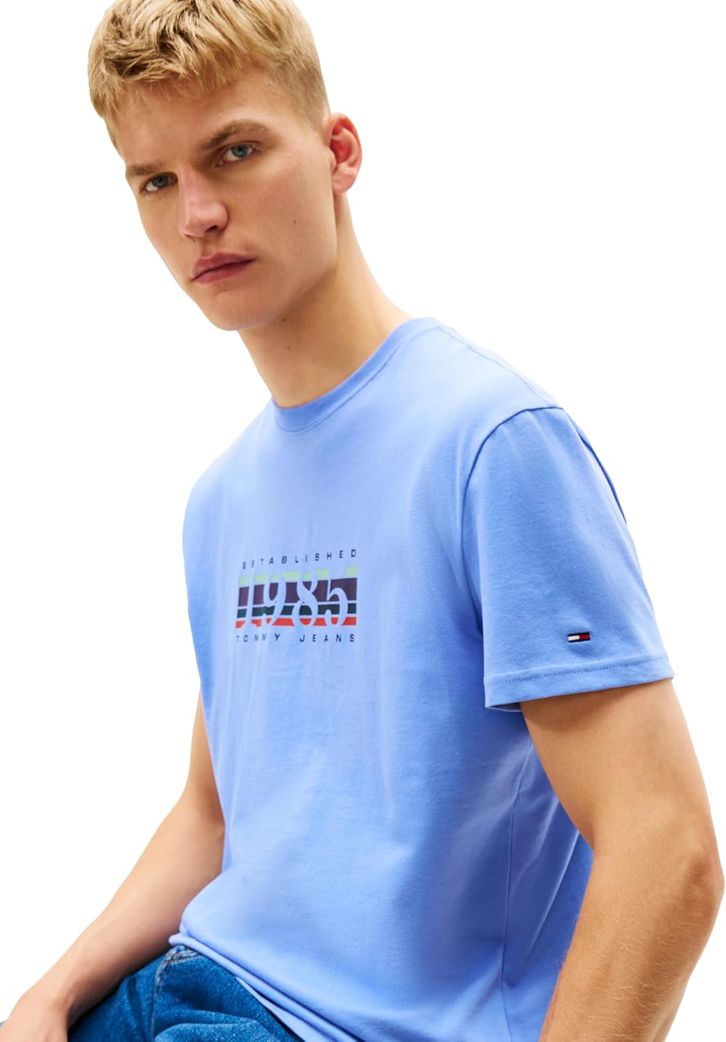 Tommy Jeans Men's Short Sleeve Solid Cotton Graphic T-Shirts with Signature Printed 1985 Graphic