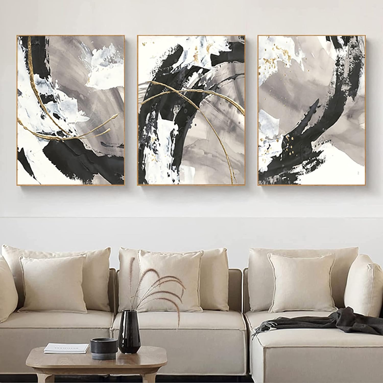 Black and White Abstract Wall Art Wall Decor for Living Room Abstract Black and Gold Gray 3 Piece Prints Modern Aesthetic Wall Artworks Office Gold Pictures Wall Decor 16x24in x3 Unframed (Black and